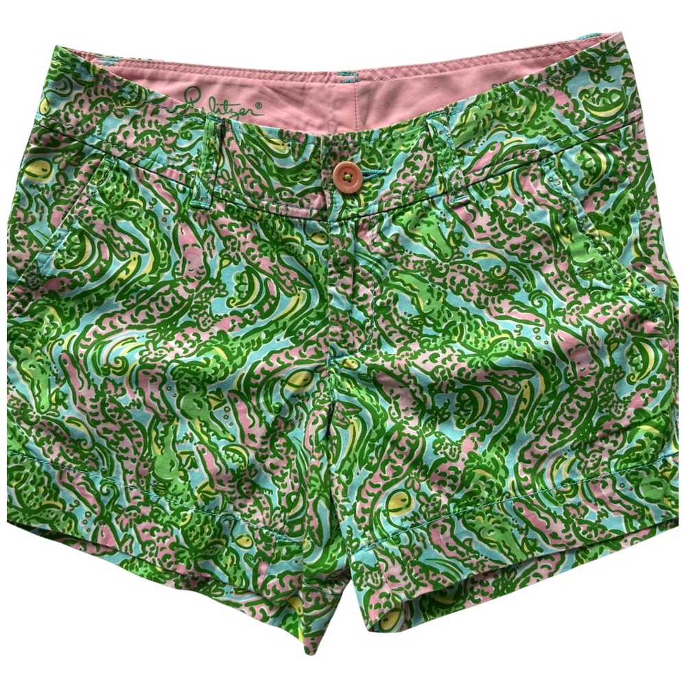 Lilly Pulitzer Callahan Shorts Green Pink Crocodile Paisley Print Cotton Size 00